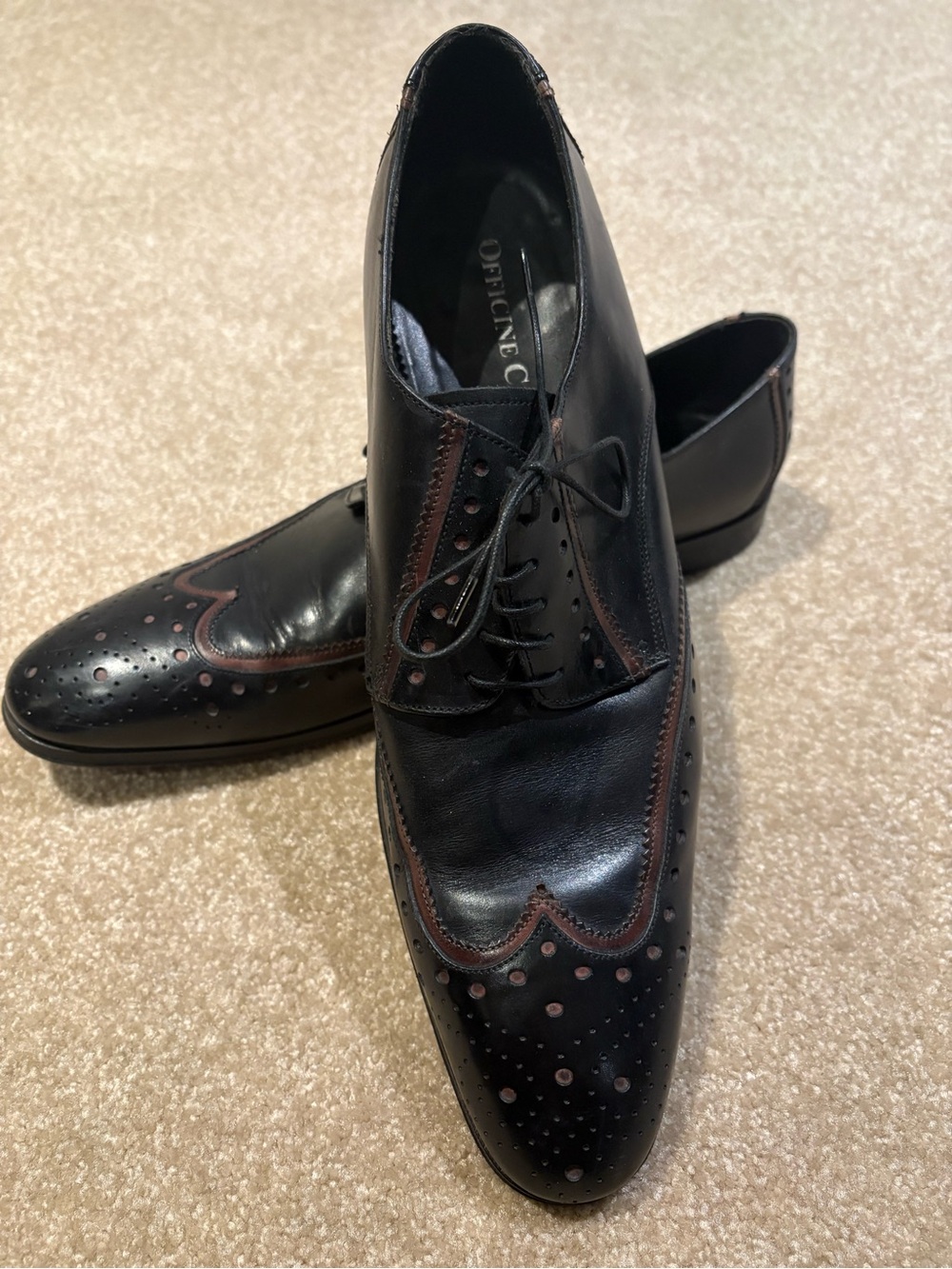 Officine Creative Black Leather Wingtip Oxfords with Brown Trim
